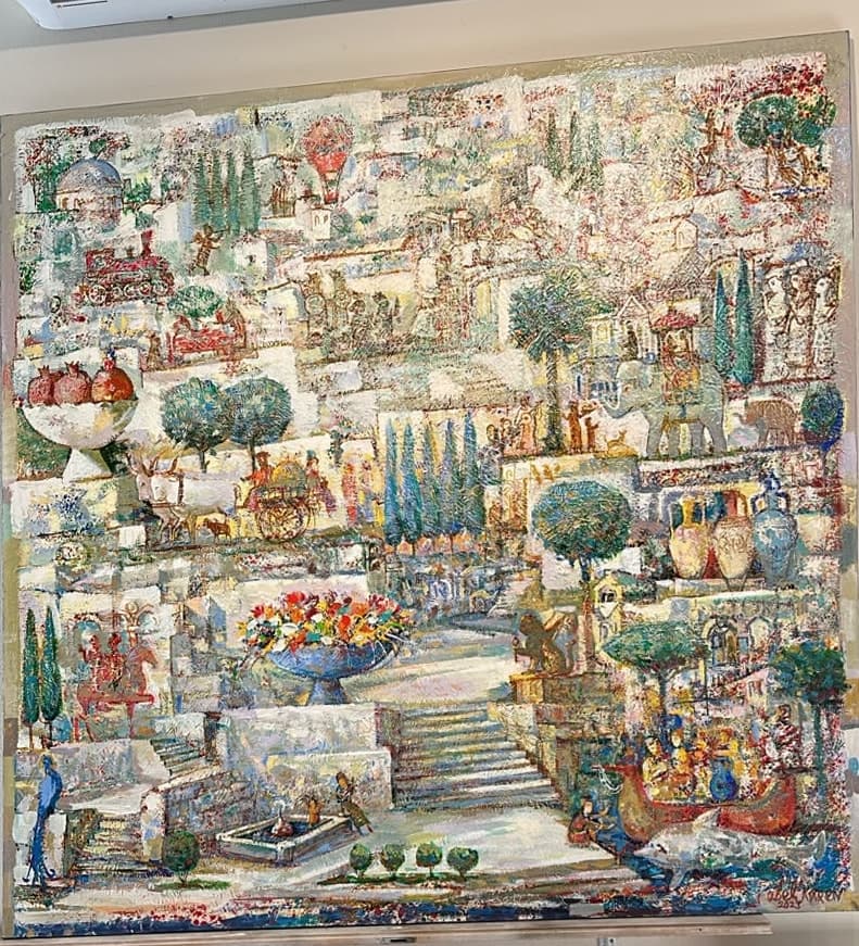 Ծաղկող քաղաք — Oil on canvas, 160 × 160 cm (2025). Abel Karen Kazinyan.
