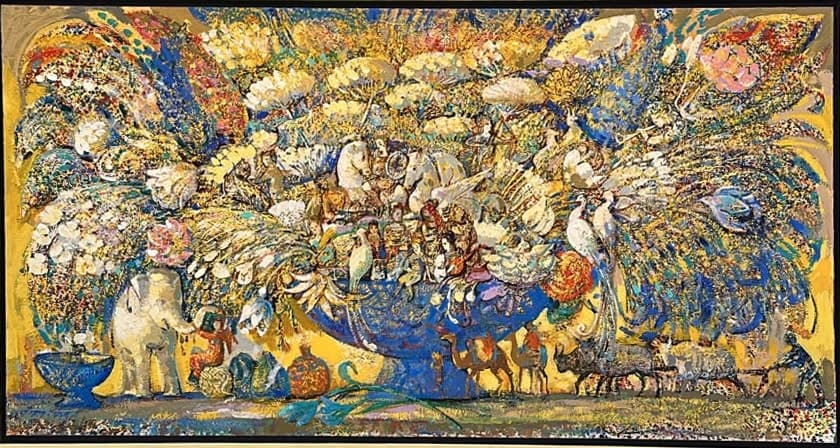 Ծաղկող աշխարհ — Oil on canvas, 80 × 150 cm (2025). Abel Karen Kazinyan.