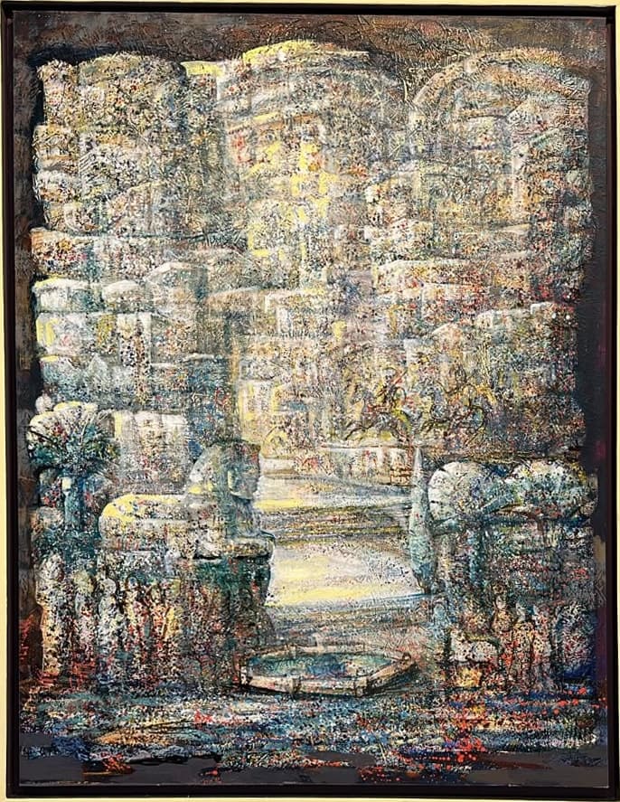 Հեռավոր քաղաք — Oil on canvas, 116 × 90 cm (2026). Abel Karen Kazinyan.