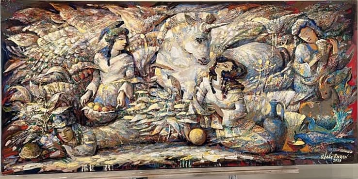 The Unicorn's Glade — Oil on canvas, 75 × 150 cm (2023). Abel Karen Kazinyan.